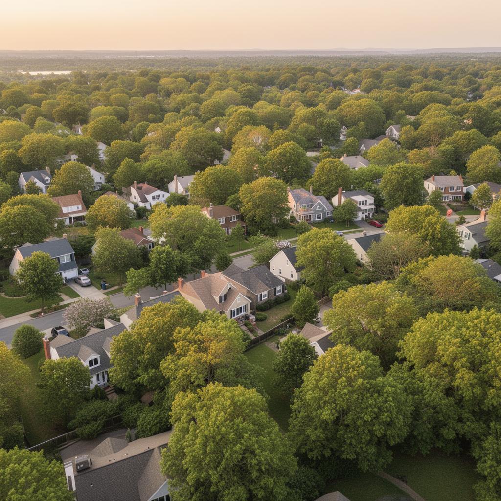 Aerial view of a tree-lined residential neighborhood